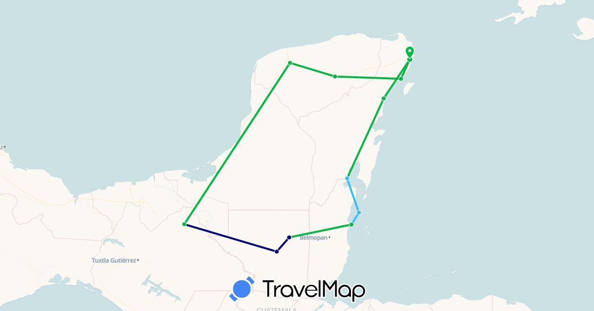 TravelMap itinerary: driving, bus, boat in Belize, Guatemala, Mexico (North America)